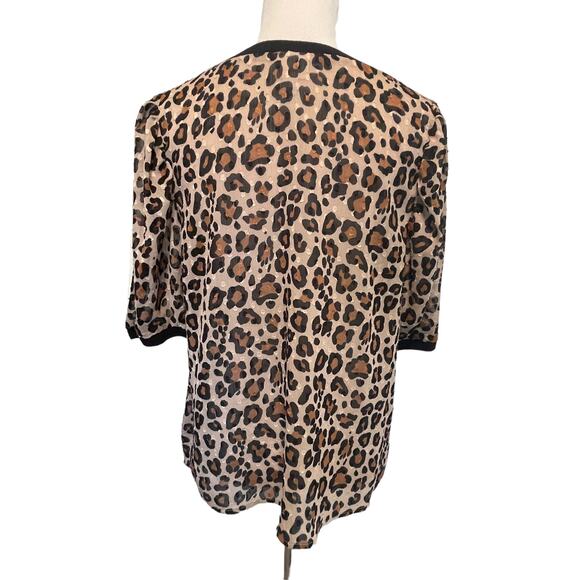 A New Day Leopard Print Puff Sleeve Top Womens Medium Semi Sheer Ringer Blouse - Picture 4 of 8